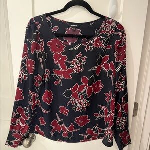Express Navy Floral Long-Sleeve Blouse - Burgundy & White Accents